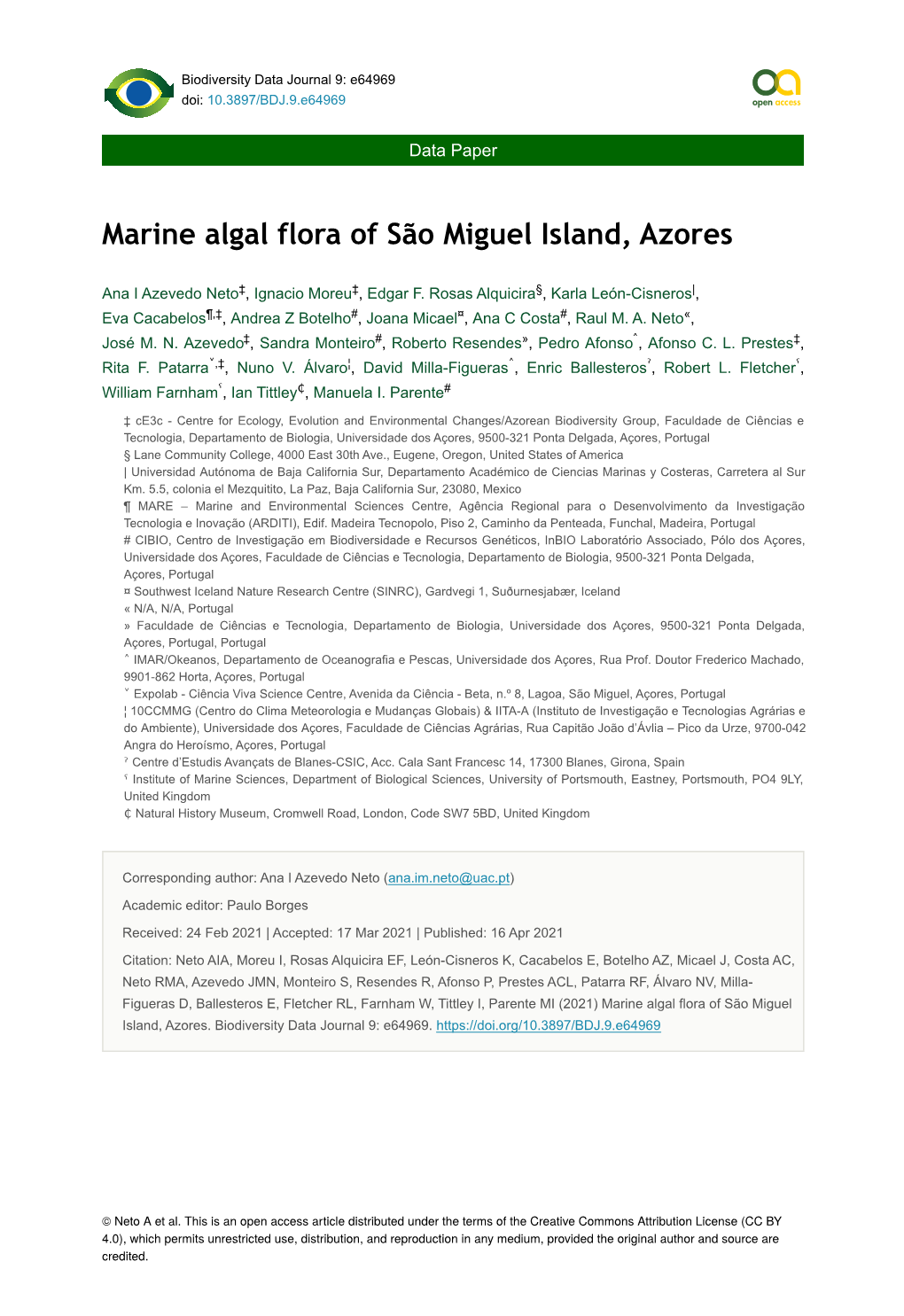 Marine Algal Flora of São Miguel Island, Azores