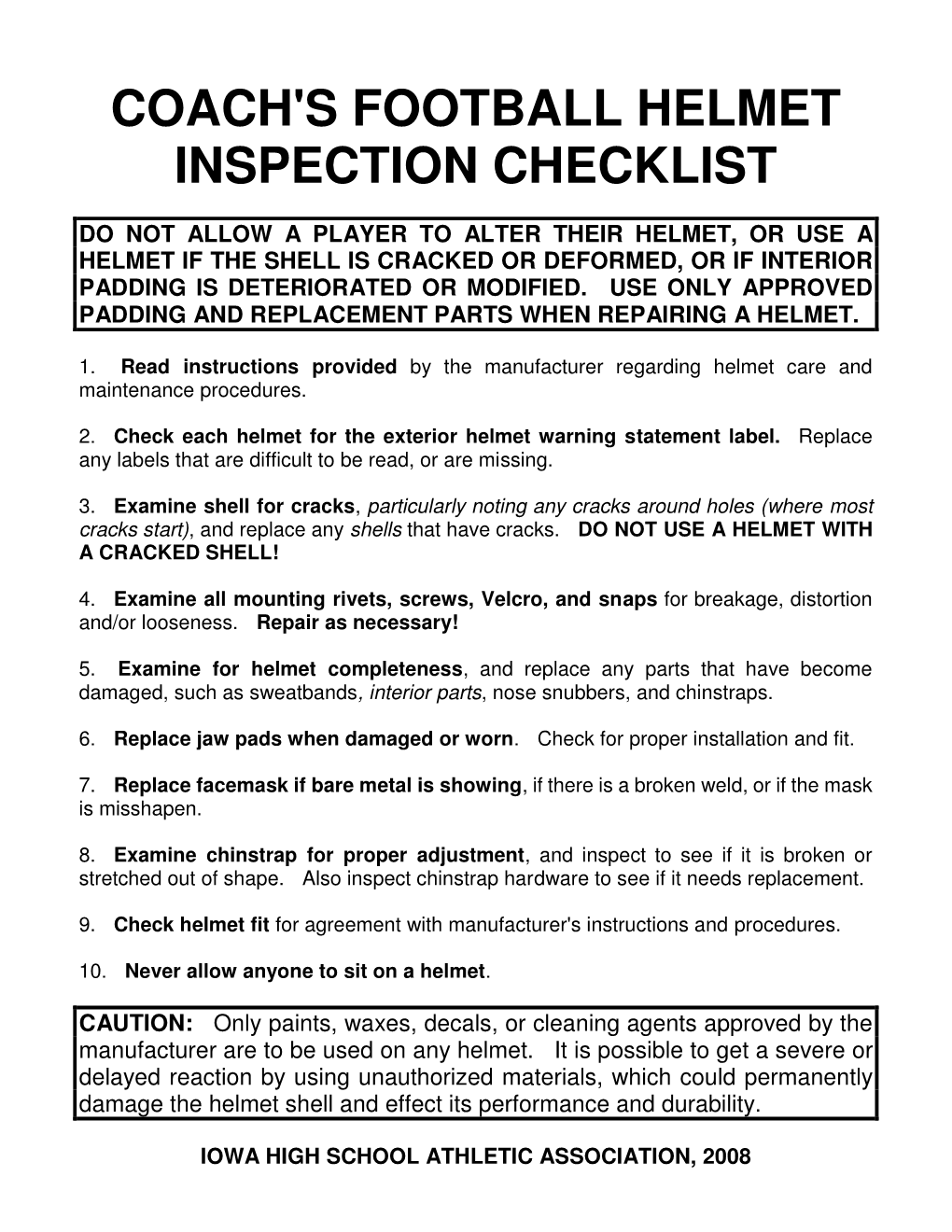 Coach's Football Helmet Inspection Checklist DocsLib