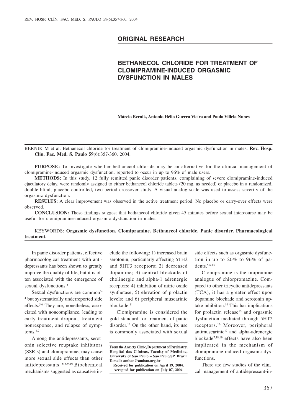 Original Research Bethanecol Chloride for Treatment of Clomipramine