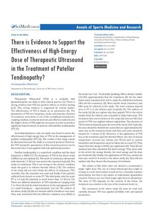 There Is Evidence to Support the Effectiveness of High-Energy Dose of Therapeutic Ultrasound in the Treatment of Patellar Tendinopathy? Ann Sports Med Res 7(3): 1153