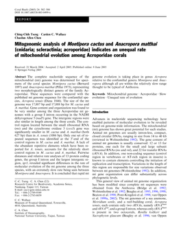 Mitogenomic Analysis of Montipora Cactus and Anacropora Matthai