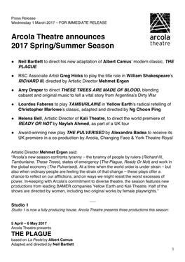 Arcola Theatre Announces 2017 Spring/Summer Season
