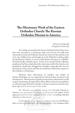 The Missionary Work of the Eastern Orthodox Church: the Russian