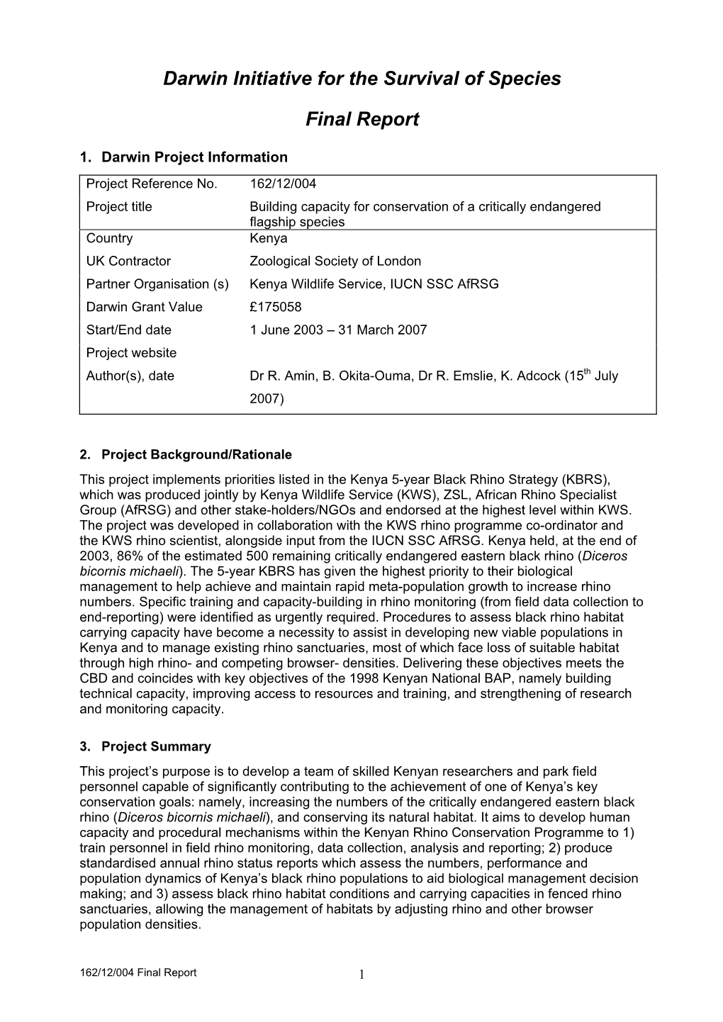 Darwin Initiative for the Survival of Species Final Report