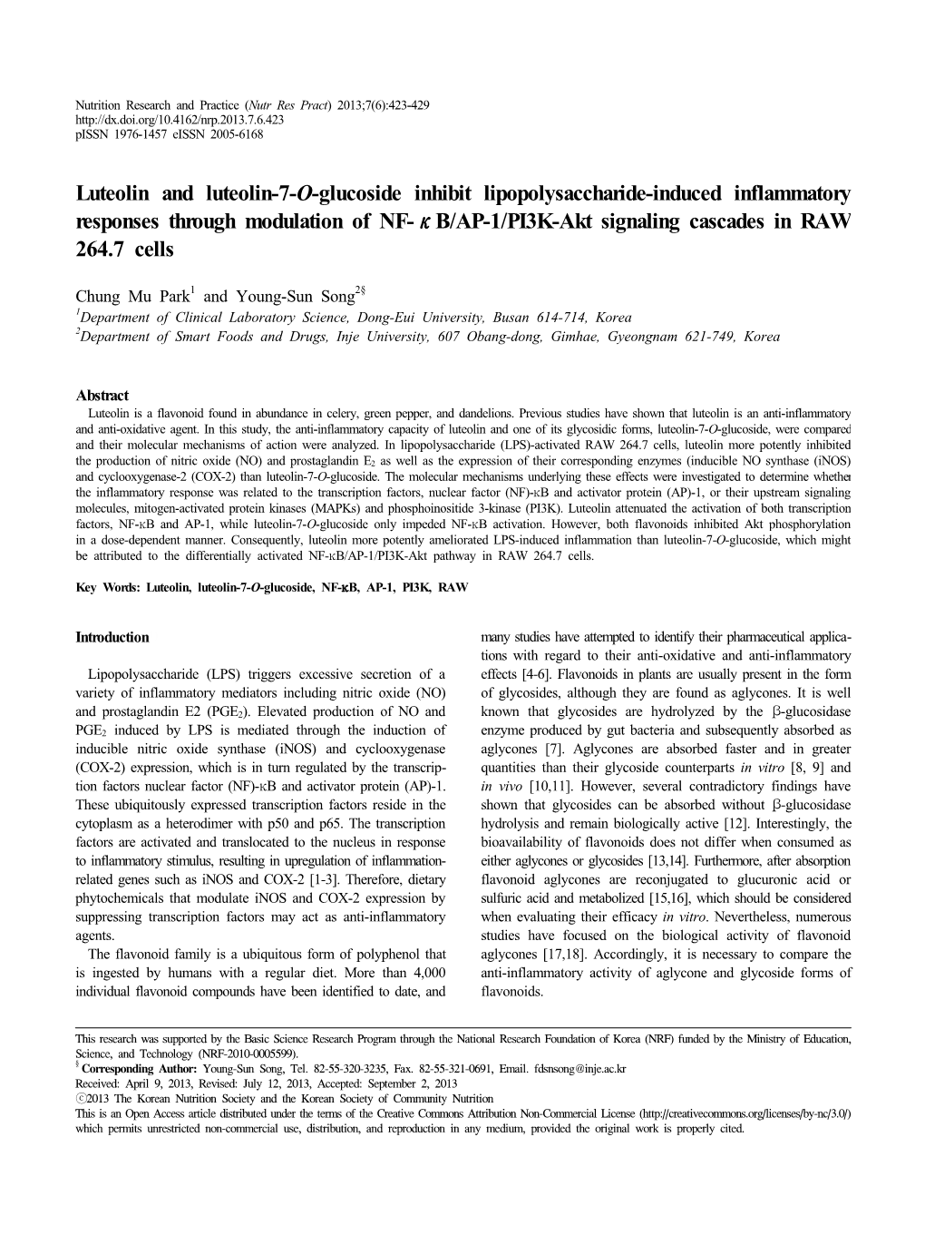 Luteolin and Luteolin-7-O-Glucoside Inhibit Lipopolysaccharide-Induced Inflammatory Responses Through Modulation of NF-Κb/AP-1