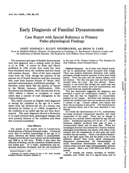 Early Diagnosis of Familial Dysautonomia Case Report with Special Reference to Primary Patho-Physiological Findings