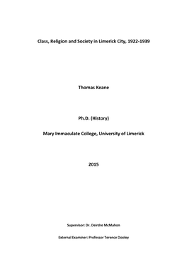 Class, Religion and Society in Limerick City, 1922-1939