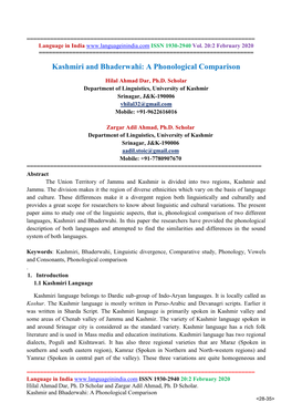 Kashmiri and Bhaderwahi: a Phonological Comparison