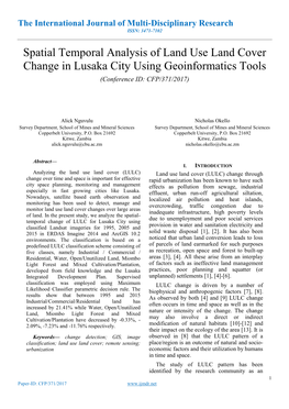 Spatio-Temporal Analysis of Land Use Land Cover Change in Lusaka City Using Geoinformatics Tools