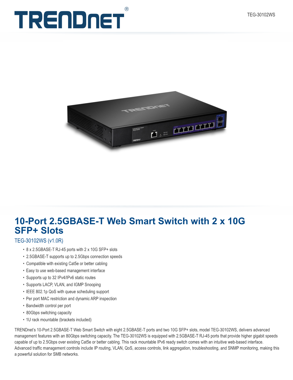 10-Port 2.5GBASE-T Web Smart Switch with 2 X 10G SFP+ Slots