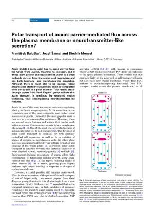 Polar Transport of Auxin: Carrier-Mediated ﬂux Across the Plasma Membrane Or Neurotransmitter-Like Secretion?