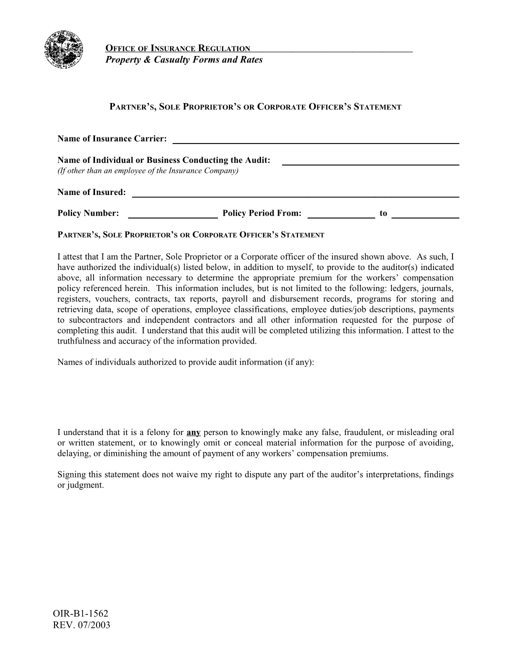 Partner S, Sole Proprietor S Or Corporate Officer S Statement