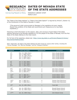 Dates of the State of the State Address Delivered to the Nevada Legislature