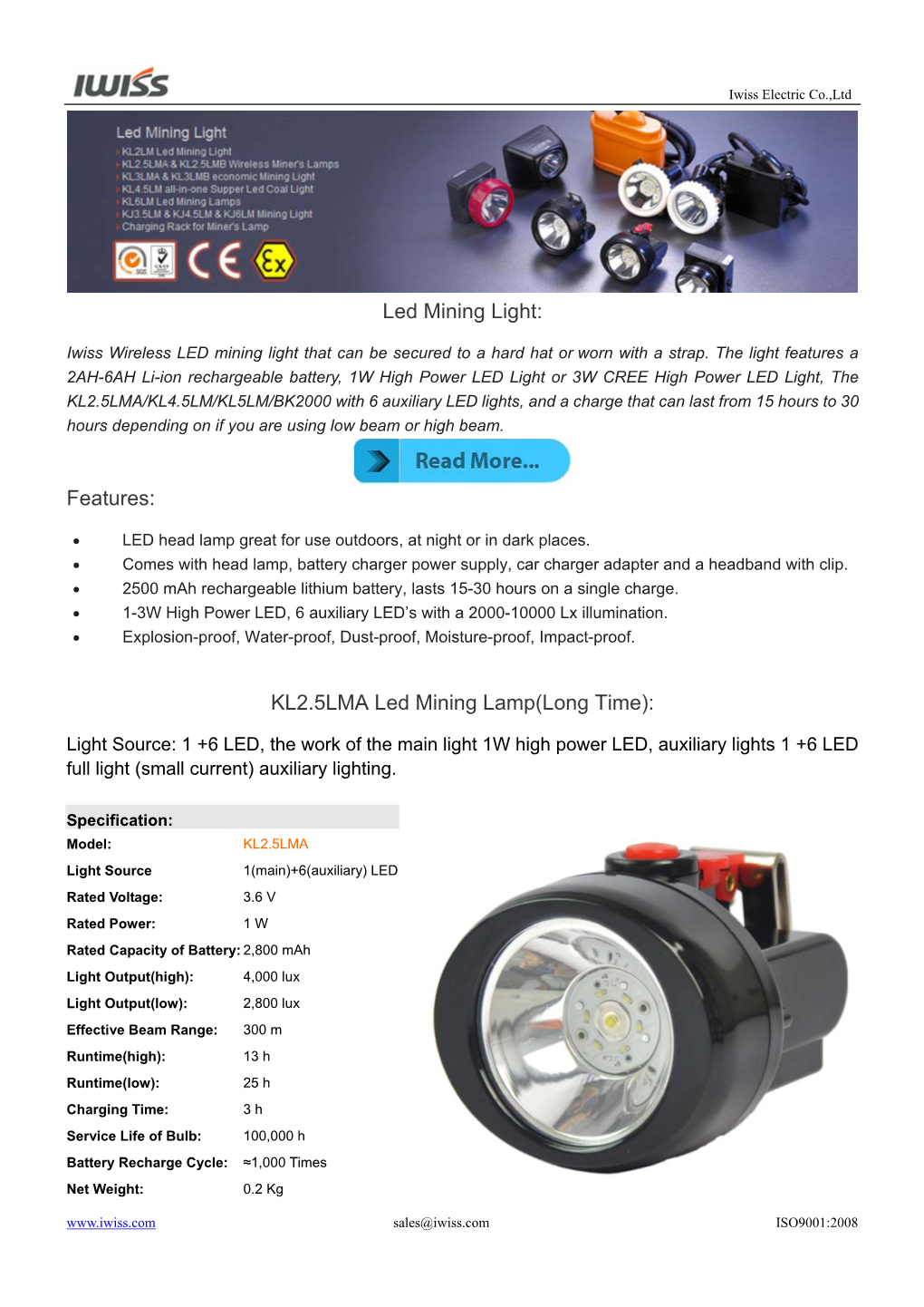 Led Mining Light: Features: KL2.5LMA Led Mining Lamp(Long Time)