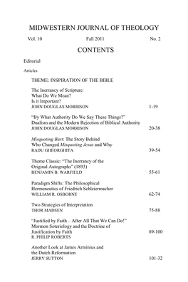 Midwestern Journal of Theology Contents