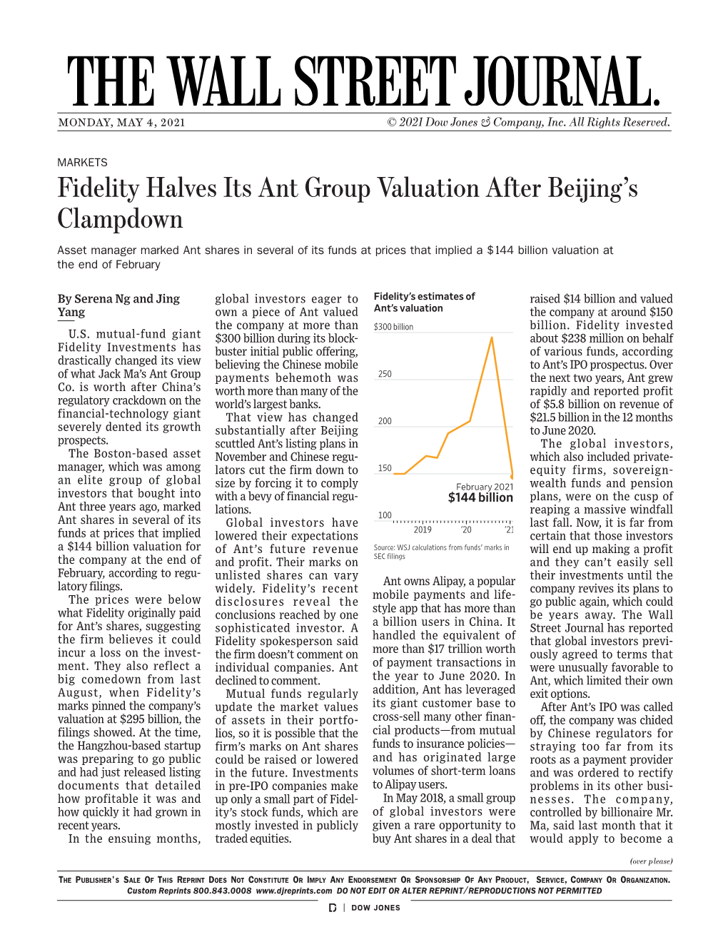 WSJ | Fidelity Halves Its Ant Group Valuation After Beijing's
