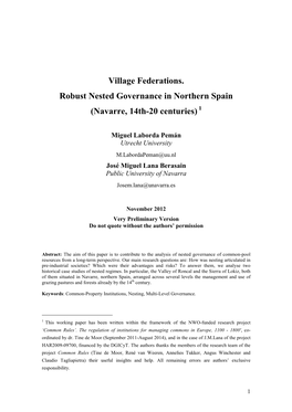 Village Federations. Robust Nested Governance in Northern Spain (Navarre, 14Th-20 Centuries) 1