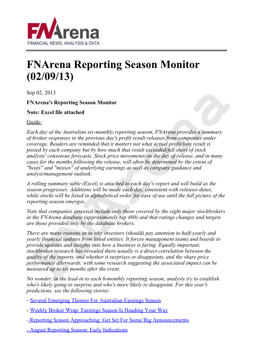 Fnarena Reporting Season Monitor (02/09/13)
