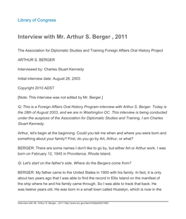 Interview with Mr. Arthur S. Berger , 2011
