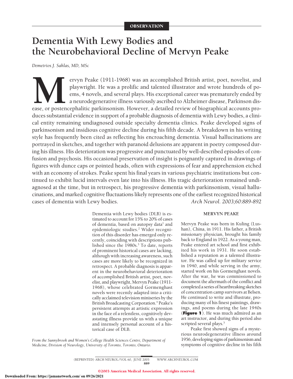 Dementia with Lewy Bodies and the Neurobehavioral Decline of Mervyn Peake