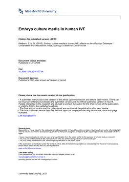 Embryo Culture Media in Human IVF
