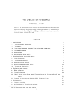 THE ANDRÉ-OORT CONJECTURE. Contents 1. Introduction. 2 1.1. The