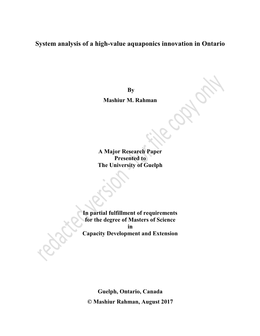 System Analysis of a High-Value Aquaponics Innovation in Ontario