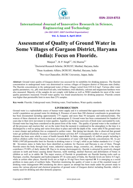 Assessment of Quality of Ground Water in Some Villages of Gurgaon District, Haryana (India): Focus on Fluoride