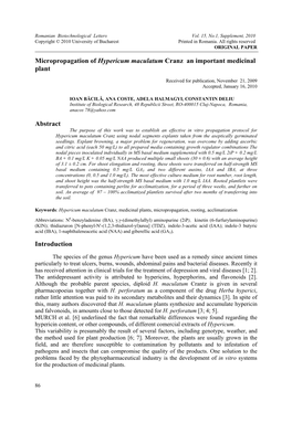 Micropropagation of Hypericum Maculatum Cranz an Important Medicinal Plant