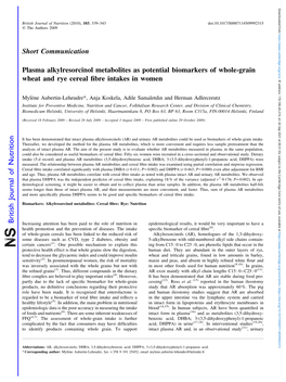Plasma Alkylresorcinol Metabolites As Potential Biomarkers of Whole-Grain