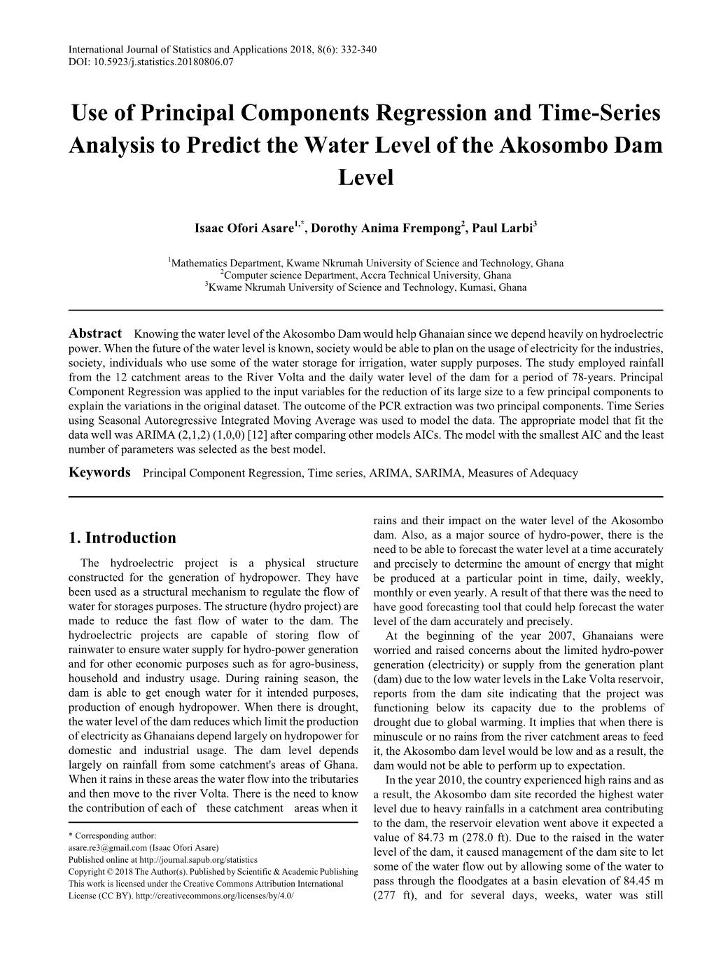 Principal Component Regression, Time Series, ARIMA, SARIMA, Measures of Adequacy