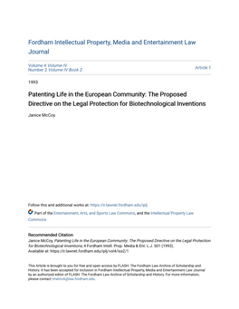 Patenting Life in the European Community: the Proposed Directive on the Legal Protection for Biotechnological Inventions