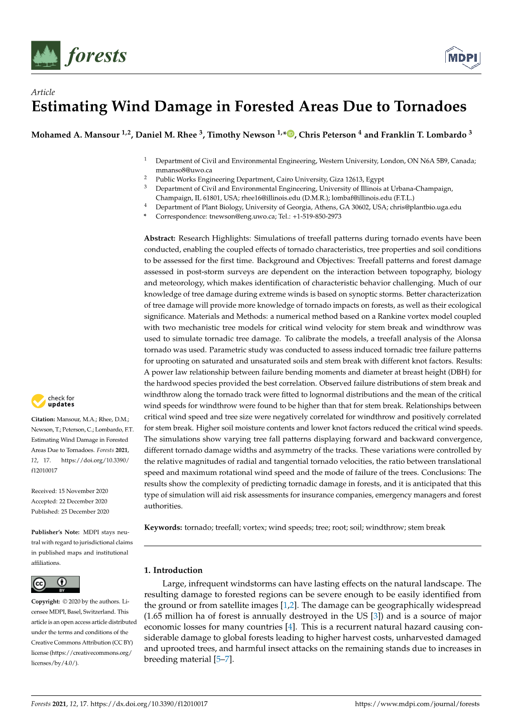 Estimating Wind Damage in Forested Areas Due to Tornadoes