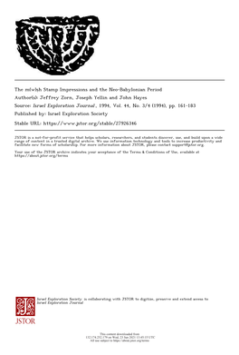 Ṣh Stamp Impressions and the Neo-Babylonian Period Author(S): Jeffrey Zorn, Joseph Yellin and John Hayes Source: Israel Exploration Journal , 1994, Vol