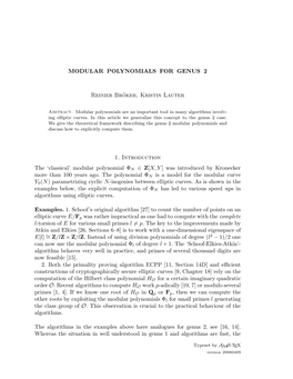 Modular Polynomial ΦN ∈ Z[X,Y ] Was Introduced by Kronecker More Than 100 Years Ago