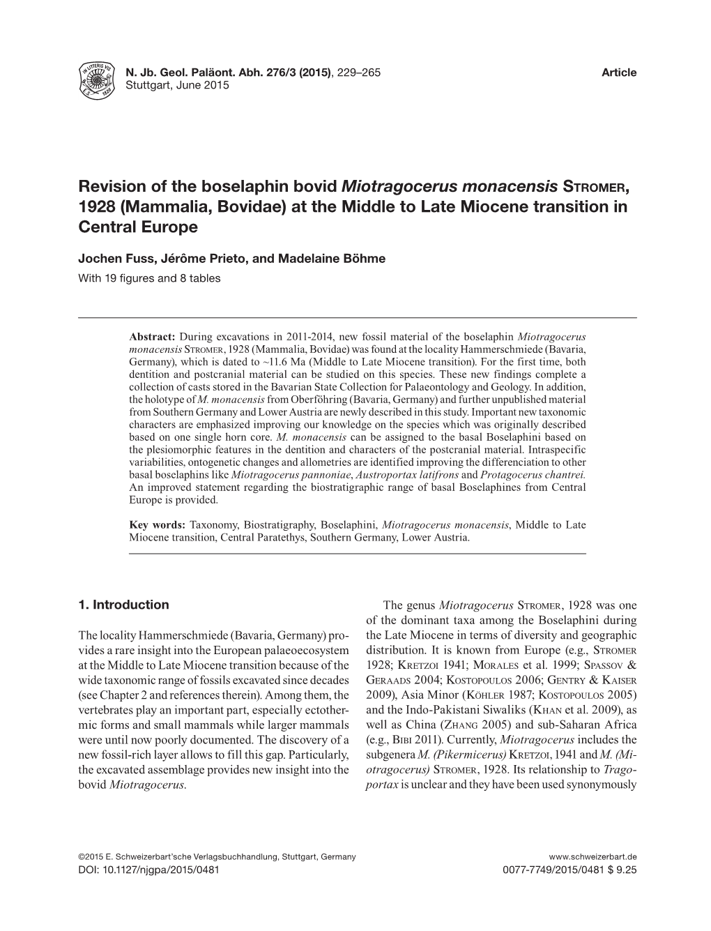 Revision of the Boselaphin Bovid Miotragocerus Monacensis Stromer, 1928 (Mammalia, Bovidae) at the Middle to Late Miocene Transition in Central Europe
