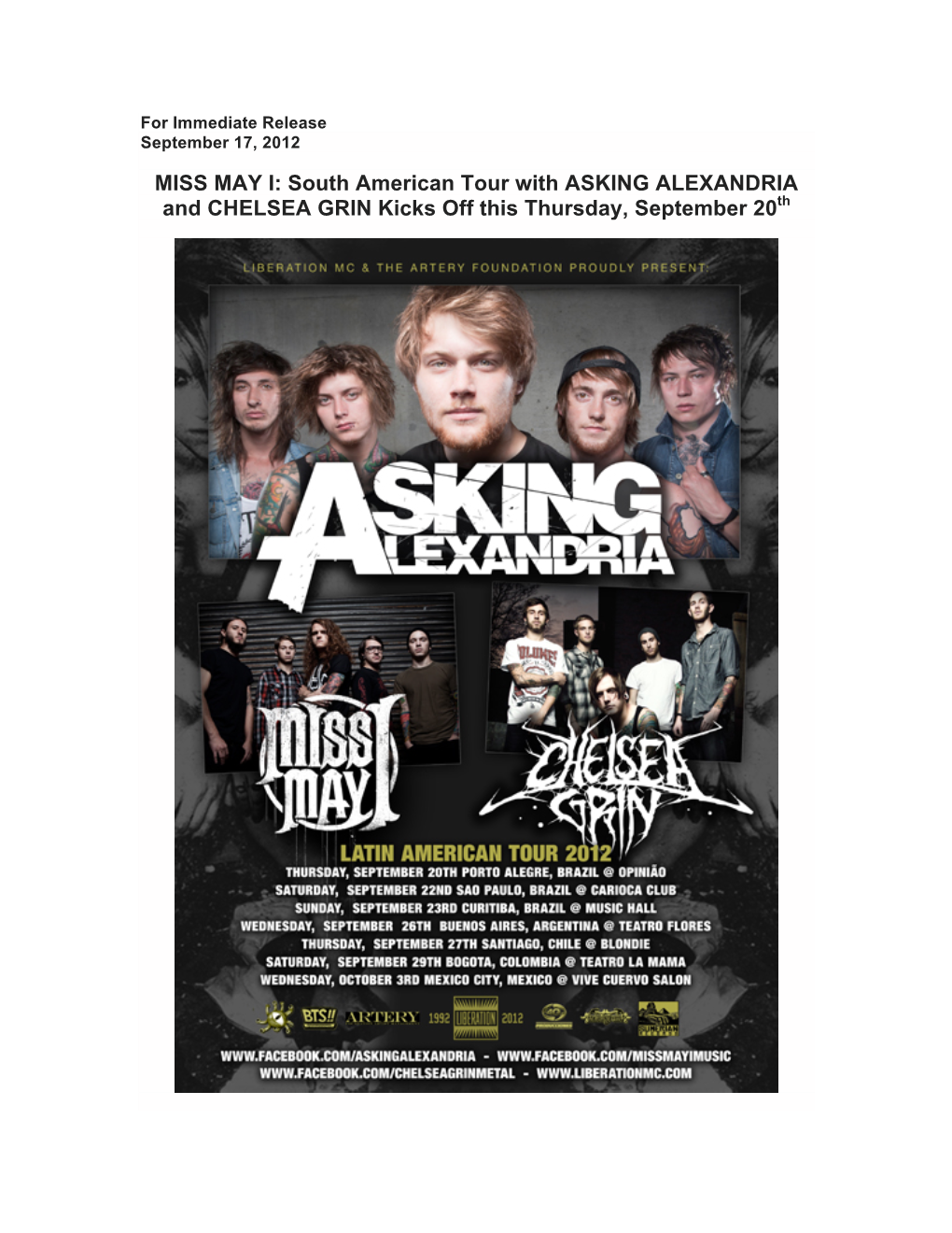 South American Tour with ASKING ALEXANDRIA and CHELSEA GRIN Kicks Off This Thursday, September 20Th