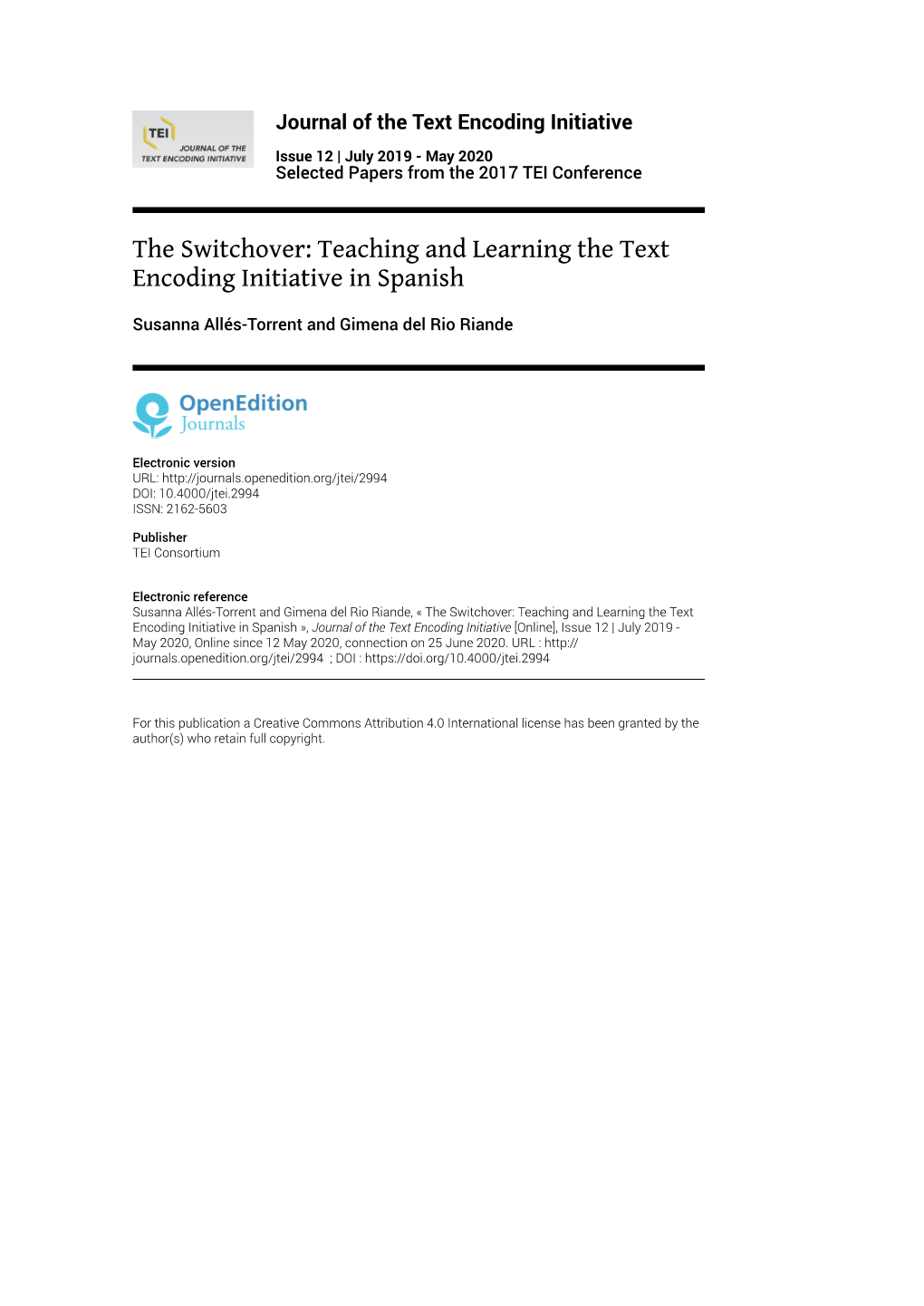The Switchover: Teaching and Learning the Text Encoding Initiative in Spanish