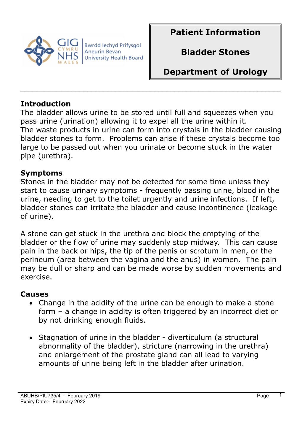Patient Information Bladder Stones Department of Urology