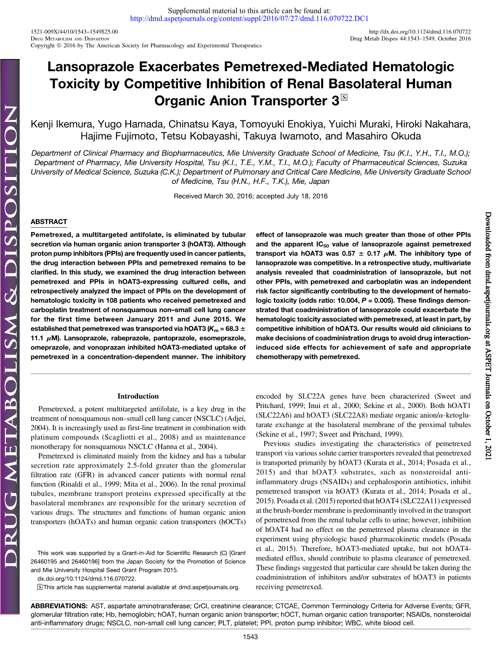 Lansoprazole Exacerbates Pemetrexed-Mediated Hematologic Toxicity by Competitive Inhibition of Renal Basolateral Human Organic Anion Transporter 3 S