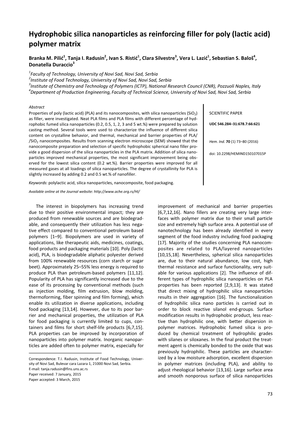 Hydrophobic Silica Nanoparticles As Reinforcing Filler for Poly (Lactic Acid) Polymer Matrix