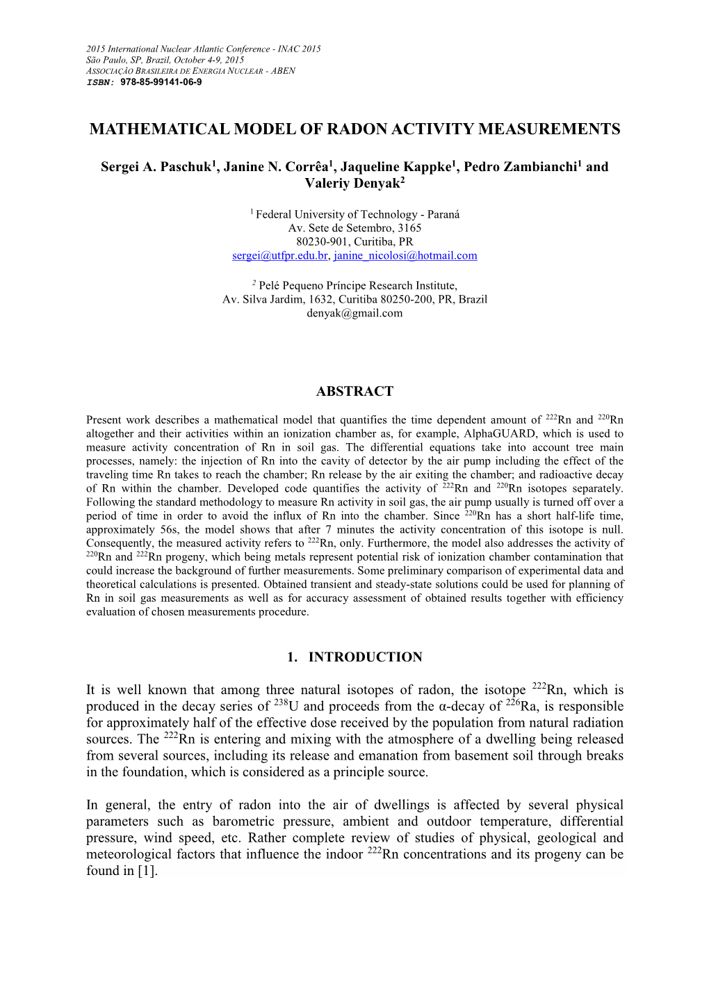 Mathematical Model of Radon Activity Measurements