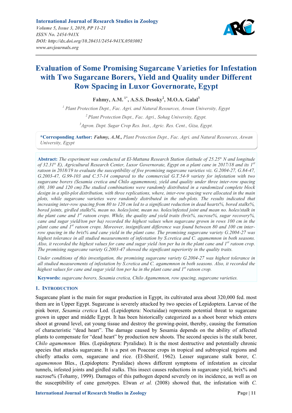 Evaluation of Some Promising Sugarcane Varieties for Infestation with Two Sugarcane Borers, Yield and Quality Under Different Row Spacing in Luxor Governorate, Egypt