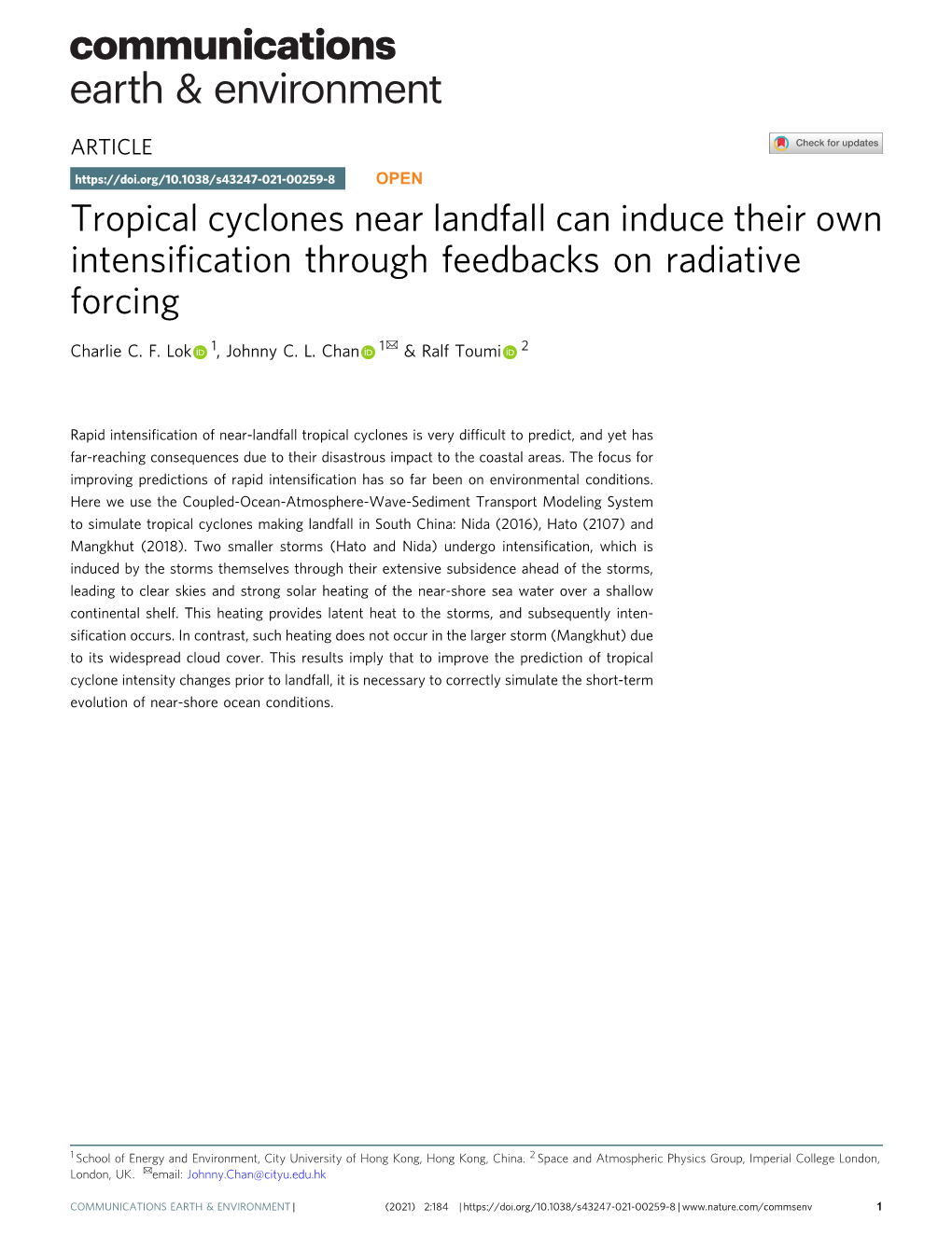 Tropical Cyclones Near Landfall Can Induce Their Own Intensification