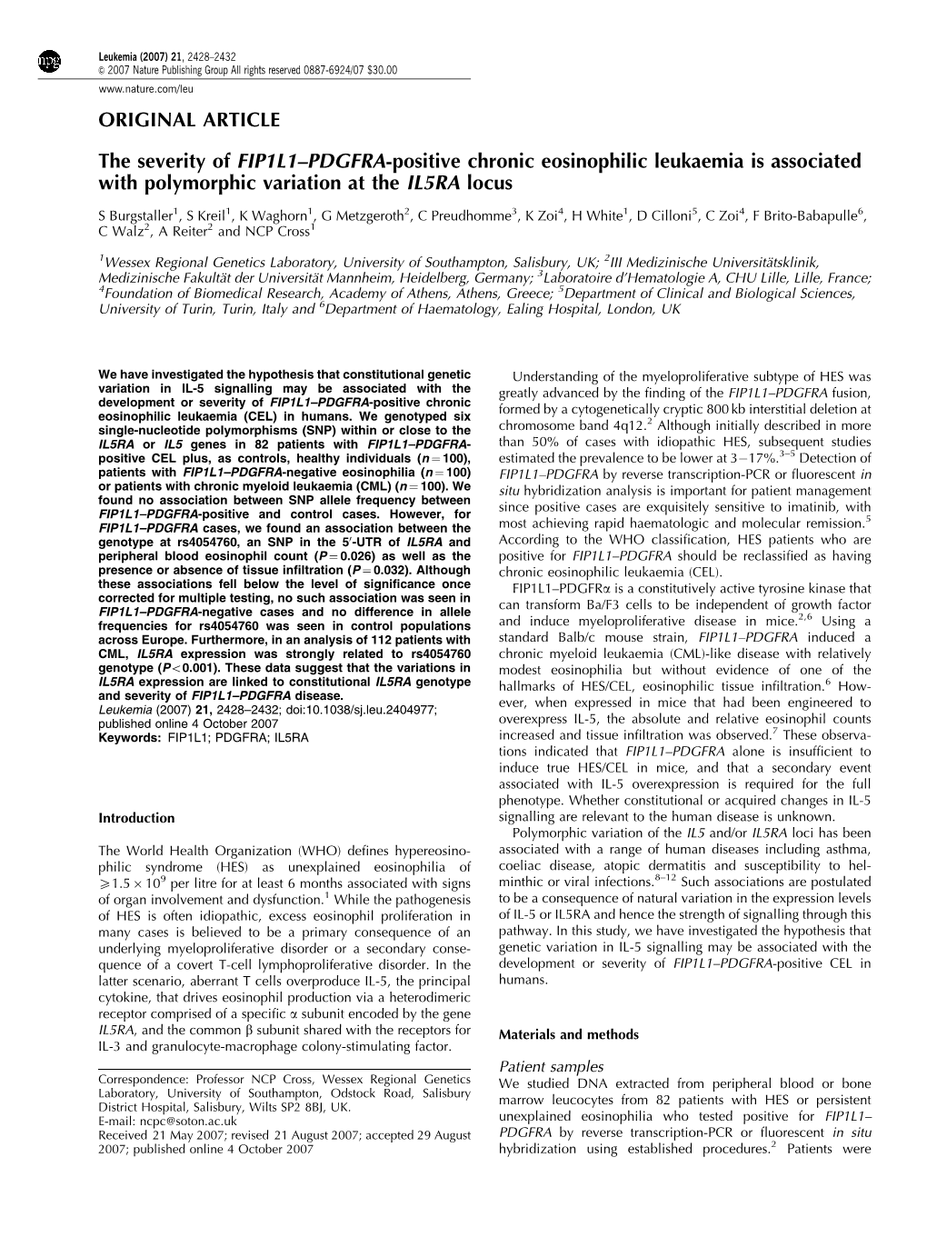 ORIGINAL ARTICLE the Severity of FIP1L1–PDGFRA-Positive Chronic