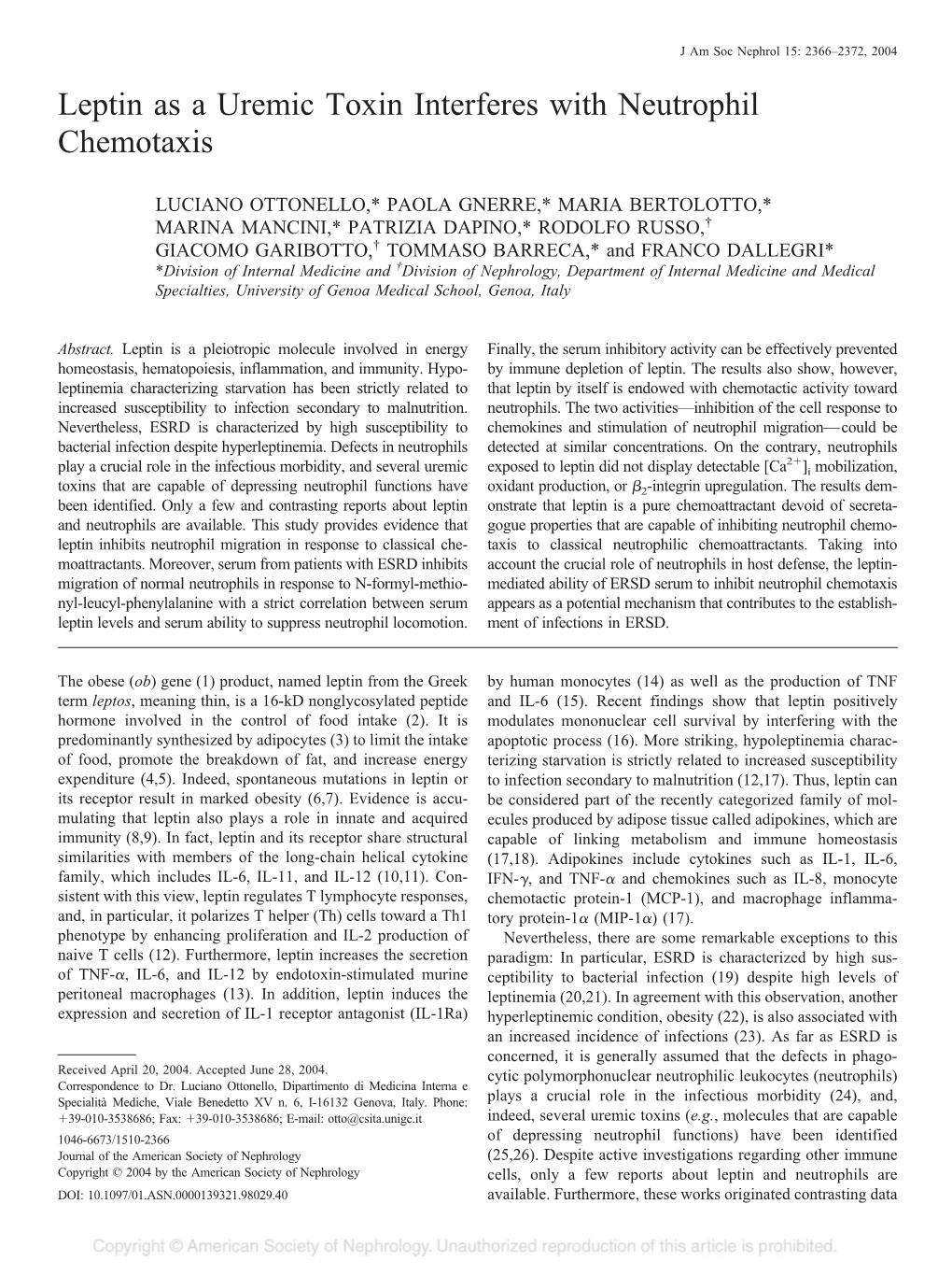 Leptin As a Uremic Toxin Interferes with Neutrophil Chemotaxis