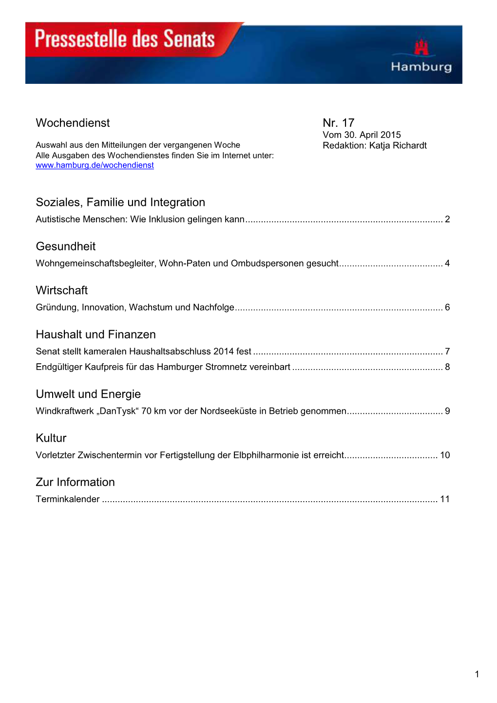 Wochendienst Nr. 17 Soziales, Familie Und Integration Gesundheit