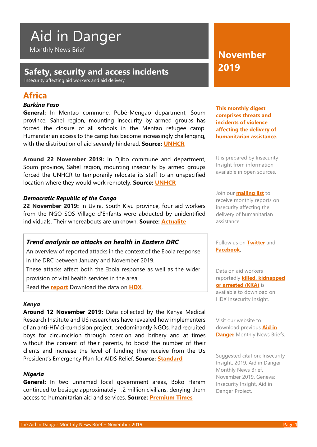 The Aid in Danger Monthly News Brief