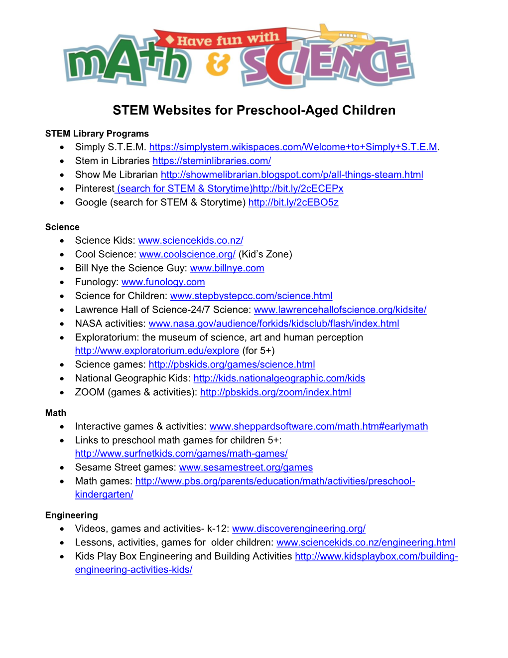 STEM Websites for Preschool-Aged Children
