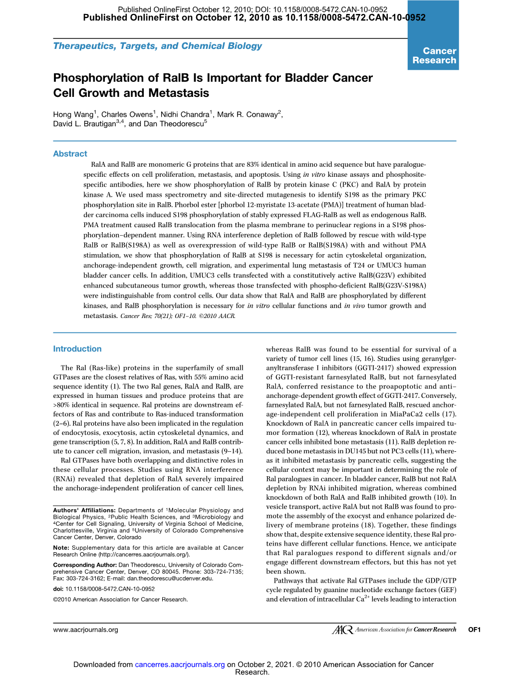 Phosphorylation of Ralb Is Important for Bladder Cancer Cell Growth and Metastasis